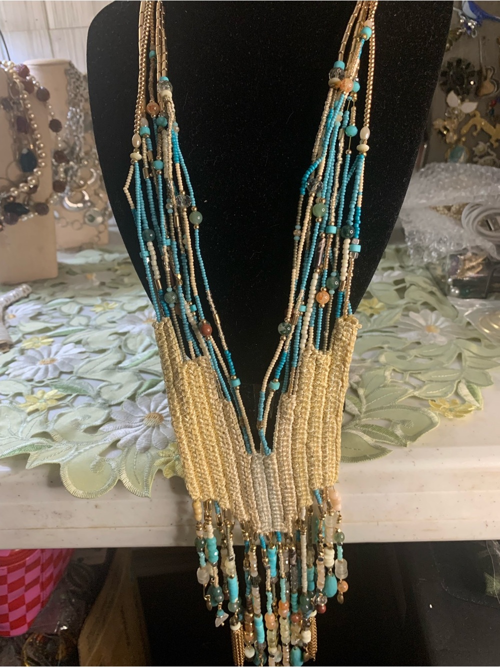 Chico's Turquoise and Gold Multi-Strand Beaded Fringe Necklace